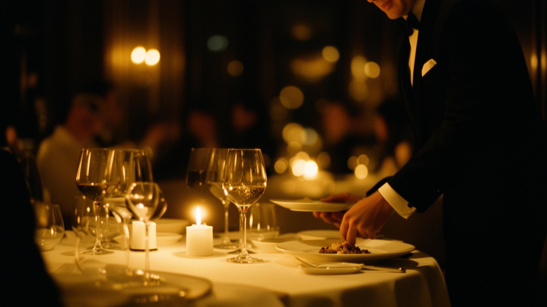 Service en salle dans un restaurant élégant, lumière chaude
